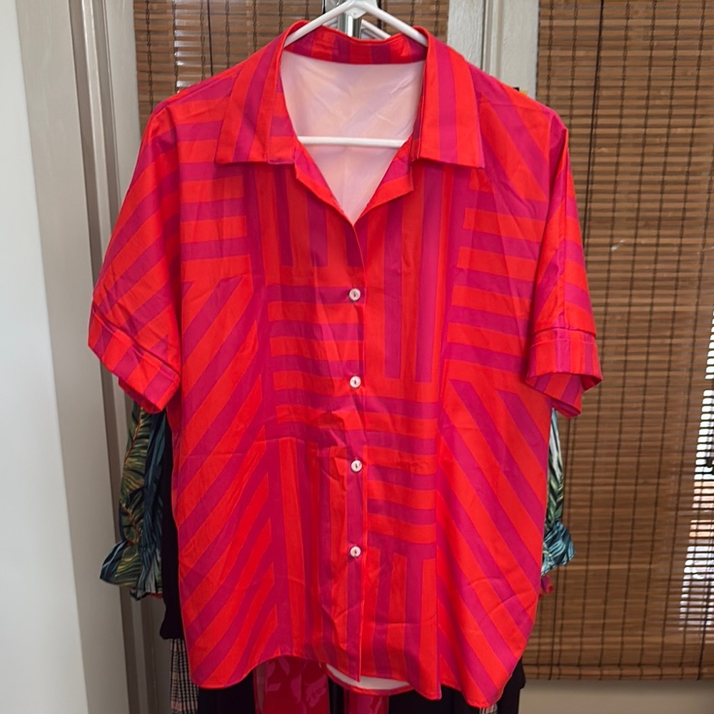Red and Pink Striped Button-Up Shirt